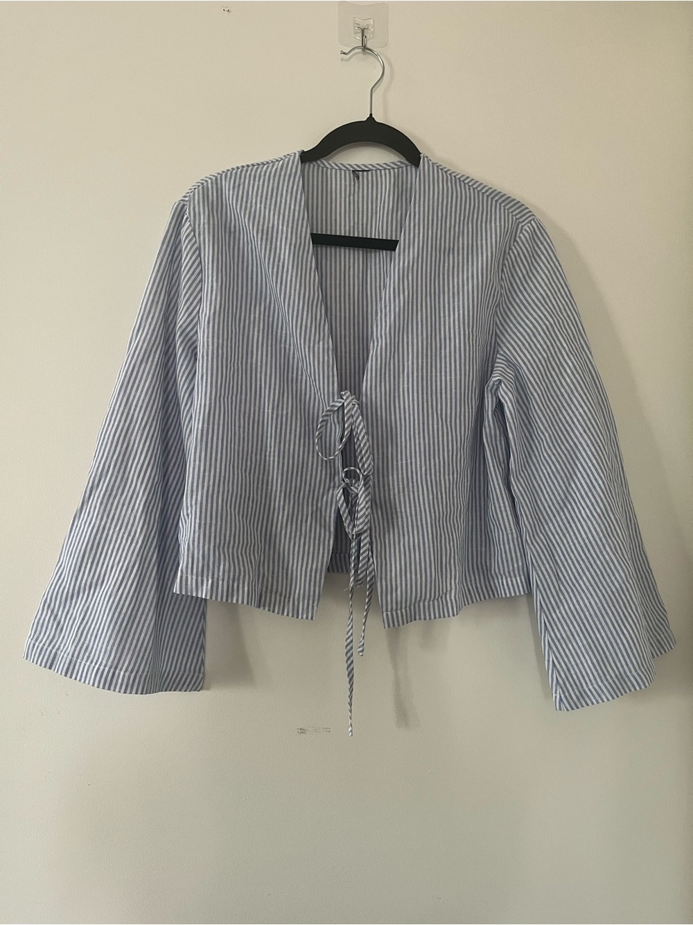 Blue White Striped Tie Front Top Large Bell Sleeve Coastal Euro Summer Nantucket